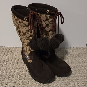 Coach Brown and Tan Patterned Boots with Pom Poms